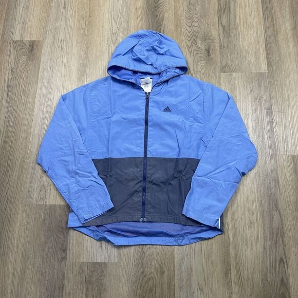 Vintage Adidas Jacket Mens Medium Blue Hooded Windbreaker Full Zip Lightweight - Picture 1 of 12
